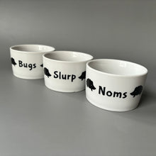 Load image into Gallery viewer, Deep edge ceramic hedgehog food and water bowls. Noms, slurp and bugs bowls.