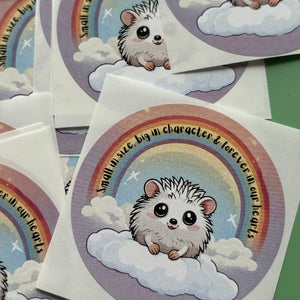 Rainbow hedgehog stickers. 51mm x 51mm circle gloss sticker. Pet loss sticker. Small in size, big in character and forever in our hearts.