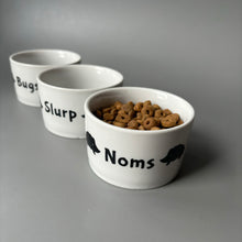 Load image into Gallery viewer, Deep edge ceramic hedgehog food and water bowls. Noms, slurp and bugs bowls.