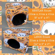 Load image into Gallery viewer, Pumpkin and skulls Halloween full cage set. LARGE house, snuggle sack, LARGE tunnel set