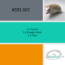 Load image into Gallery viewer, Tropical Jungle mini set. Tunnel, snuggle sack and toys. Fleece bedding. Hedgehog fleece tunnel and pouch.