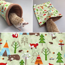 Load image into Gallery viewer, Camping animals mini set. Tunnel, snuggle sack and toys. Fleece bedding. Hedgehog fleece tunnel and pouch.