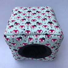 Load image into Gallery viewer, Dapper Mr Fox cosy cube house. Hedgehog and guinea pig cube house. Padded fleece lined house.