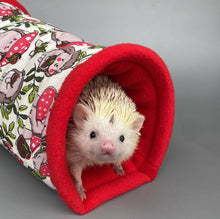 Load image into Gallery viewer, Cream Hedgehogs with Mushroom Hats mini set. Tunnel, snuggle sack and toys. Fleece bedding. Hedgehog fleece tunnel and pouch.