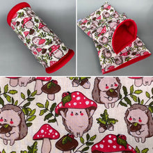 Load image into Gallery viewer, Cream Hedgehogs with Mushroom Hats mini set. Tunnel, snuggle sack and toys. Fleece bedding. Hedgehog fleece tunnel and pouch.