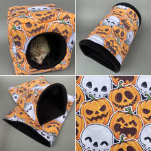 Load image into Gallery viewer, Pumpkin and skulls Halloween full cage set. Cube house, snuggle sack, LARGE tunnel set.
