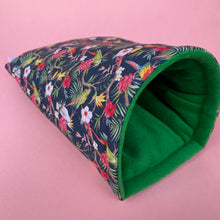 Load image into Gallery viewer, Tropical Jungle cosy snuggle cave. Padded stay open snuggle sack. Hedgehog bed. Fleece pet bedding.