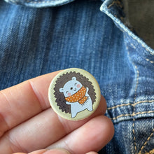 Load image into Gallery viewer, Autumn hedgehog badge. 25mm badge. Hedgehog pin. Animal lover gift.