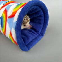 Load image into Gallery viewer, Rainbow stay open tunnel. Padded fleece tunnel. Padded tunnel for hedgehogs, rats and small pets. Small pet cosy tunnel.