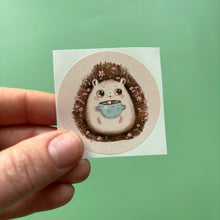 Load image into Gallery viewer, Hot chocolate hedgehog stickers. 51mm x 51mm circle gloss paper sticker.