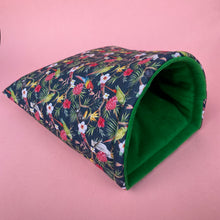 Load image into Gallery viewer, LARGE Tropical Jungle guinea pig cosy snuggle cave. Padded stay open snuggle sack. Fleece pet bed. Stay open padded cave.