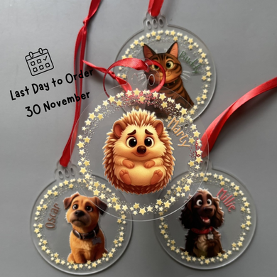 Personalised pet Christmas decoration. Personalised cartoon pet Christmas bauble.
