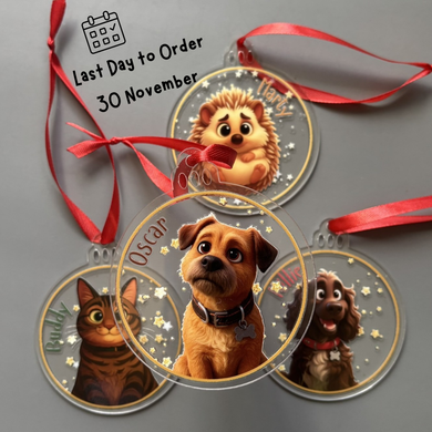 Personalised pet Christmas decoration. Personalised cartoon pet Christmas bauble.