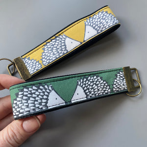 Hedgehog wristlet keyring. Spike hedgehog keychain. Green or mustard hedgehog wrist strap keyring.