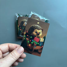 Load image into Gallery viewer, Pack of 6 sleigh hedgehog Christmas cards. Festive hedgehog cards. Happy holidays cards.