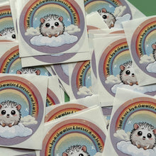 Load image into Gallery viewer, Rainbow hedgehog stickers. 51mm x 51mm circle gloss sticker. Pet loss sticker. Small in size, big in character and forever in our hearts.