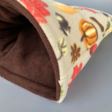 Load image into Gallery viewer, LARGE Autumn Spice fleece cosy snuggle cave. Padded stay open snuggle bed. Fleece pet bed. Guinea pig bed.