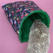 Load image into Gallery viewer, Tropical Jungle cosy snuggle cave. Padded stay open snuggle sack. Hedgehog bed. Fleece pet bedding.