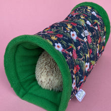 Load image into Gallery viewer, Tropical Jungle stay open tunnel. Padded fleece tunnel. Tube. Padded tunnel for hedgehogs, rats and small pets. Small pet cosy tunnel.