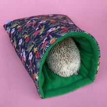 Load image into Gallery viewer, Tropical Jungle cosy snuggle cave. Padded stay open snuggle sack. Hedgehog bed. Fleece pet bedding.