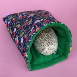 Tropical Jungle cosy snuggle cave. Padded stay open snuggle sack. Hedgehog bed. Fleece pet bedding.