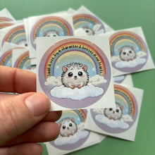 Load image into Gallery viewer, Rainbow hedgehog stickers. 51mm x 51mm circle gloss sticker. Pet loss sticker. Small in size, big in character and forever in our hearts.