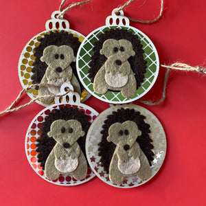 Hedgehog Christmas tree decorations. Single or set of four Christmas tree decorations.