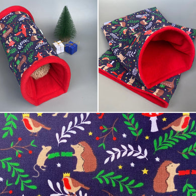 Navy festive party animals mini set. Tunnel, snuggle sack and toys. Hedgehog fleece bedding.