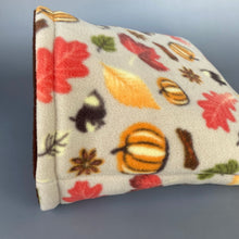 Load image into Gallery viewer, LARGE Autumn Spice fleece cosy snuggle cave. Padded stay open snuggle bed. Fleece pet bed. Guinea pig bed.