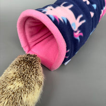 Load image into Gallery viewer, Navy Unicorn stay open tunnel. Padded fleece tunnel. Tube. Padded tunnel for hedgehogs, rats and small pets. Small pet cosy tunnel.
