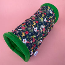 Load image into Gallery viewer, Tropical Jungle stay open tunnel. Padded fleece tunnel. Tube. Padded tunnel for hedgehogs, rats and small pets. Small pet cosy tunnel.