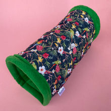 Load image into Gallery viewer, Tropical Jungle stay open tunnel. Padded fleece tunnel. Tube. Padded tunnel for hedgehogs, rats and small pets. Small pet cosy tunnel.
