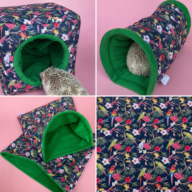 Tropical Jungle full cage set. Cube house, snuggle sack, tunnel cage set for hedgehog or small pet.