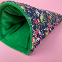 Load image into Gallery viewer, Tropical Jungle cosy snuggle cave. Padded stay open snuggle sack. Hedgehog bed. Fleece pet bedding.