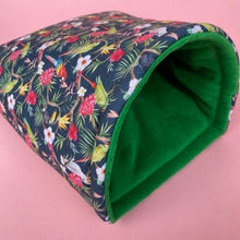 Load image into Gallery viewer, LARGE Tropical Jungle guinea pig cosy snuggle cave. Padded stay open snuggle sack. Fleece pet bed. Stay open padded cave.