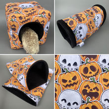 Load image into Gallery viewer, Pumpkin and skulls Halloween full cage set. Cube house, snuggle sack, tunnel set