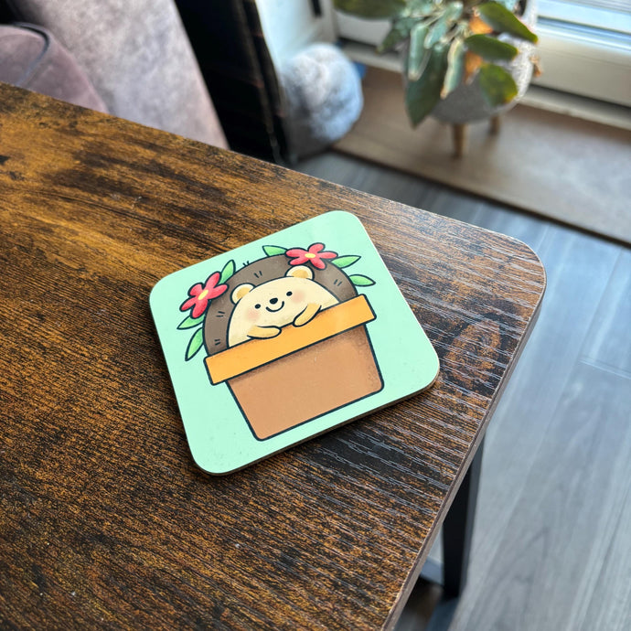 Hedgehog in plant pot coaster. Animal lover gift.