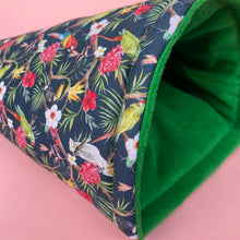 Load image into Gallery viewer, LARGE Tropical Jungle guinea pig cosy snuggle cave. Padded stay open snuggle sack. Fleece pet bed. Stay open padded cave.