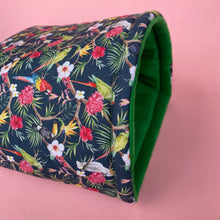 Load image into Gallery viewer, LARGE Tropical Jungle guinea pig cosy snuggle cave. Padded stay open snuggle sack. Fleece pet bed. Stay open padded cave.