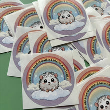 Load image into Gallery viewer, Rainbow hedgehog stickers. 51mm x 51mm circle gloss sticker. Pet loss sticker. Small in size, big in character and forever in our hearts.