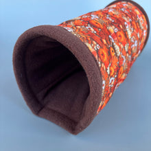 Load image into Gallery viewer, Autumn pumpkin stay open tunnel. Padded fleece tunnel for hedgehogs rats and small pets. Small pet cosy tunnel.