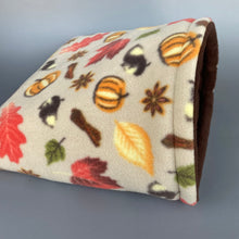 Load image into Gallery viewer, LARGE Autumn Spice fleece cosy snuggle cave. Padded stay open snuggle bed. Fleece pet bed. Guinea pig bed.