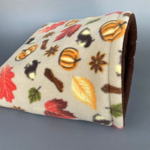 LARGE Autumn Spice fleece cosy snuggle cave. Padded stay open snuggle bed. Fleece pet bed. Guinea pig bed.