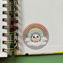 Load image into Gallery viewer, Rainbow hedgehog stickers. 51mm x 51mm circle gloss sticker. Pet loss sticker. Small in size, big in character and forever in our hearts.