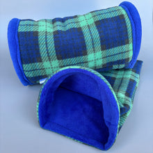 Load image into Gallery viewer, Tartan mini set. Tunnel, snuggle sack and toys. Hedgehog fleece tunnel and pouch.