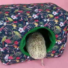 Load image into Gallery viewer, LARGE Tropical Jungle cosy bed. Cosy cube. Cuddle Cube. Snuggle house. Fleece hidey. Padded house for guinea pigs.