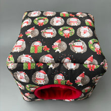 Load image into Gallery viewer, Christmas hedgehogs cosy cube house. Hedgehog and guinea pig cube house. Padded fleece lined house.