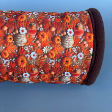 Load image into Gallery viewer, Autumn pumpkin stay open tunnel. Padded fleece tunnel for hedgehogs rats and small pets. Small pet cosy tunnel.