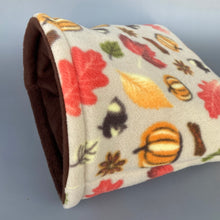 Load image into Gallery viewer, LARGE Autumn Spice fleece cosy snuggle cave. Padded stay open snuggle bed. Fleece pet bed. Guinea pig bed.