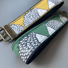 Load image into Gallery viewer, Hedgehog wristlet keyring. Spike hedgehog keychain. Green or mustard hedgehog wrist strap keyring.